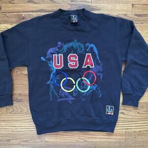 VINTAGE 90s USA OLYMPICS MENS CREW SWEATSHIRT HUGE SPORTS PRINT BLACK Sz M RARE